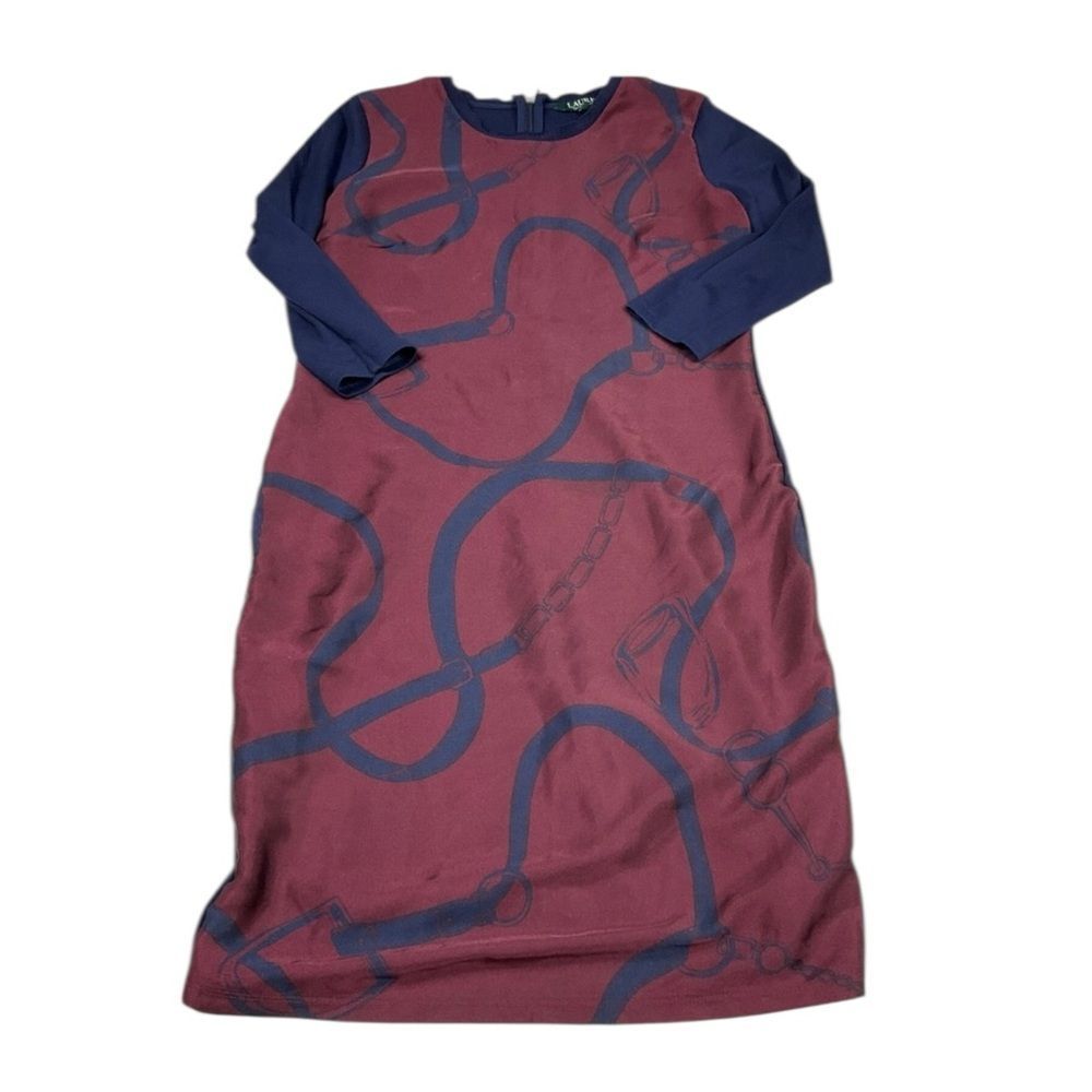 Lauren Ralph Lauren Midi Dress Colorblock Equestrian Print Workwear 3/4 Sleeve S